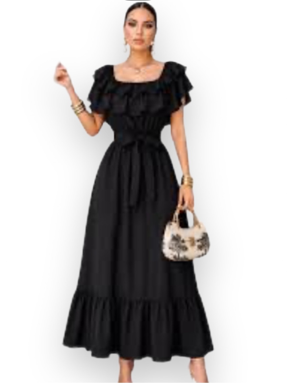S. Deer Black Ruffled Maxi Dress with Tie Waist
